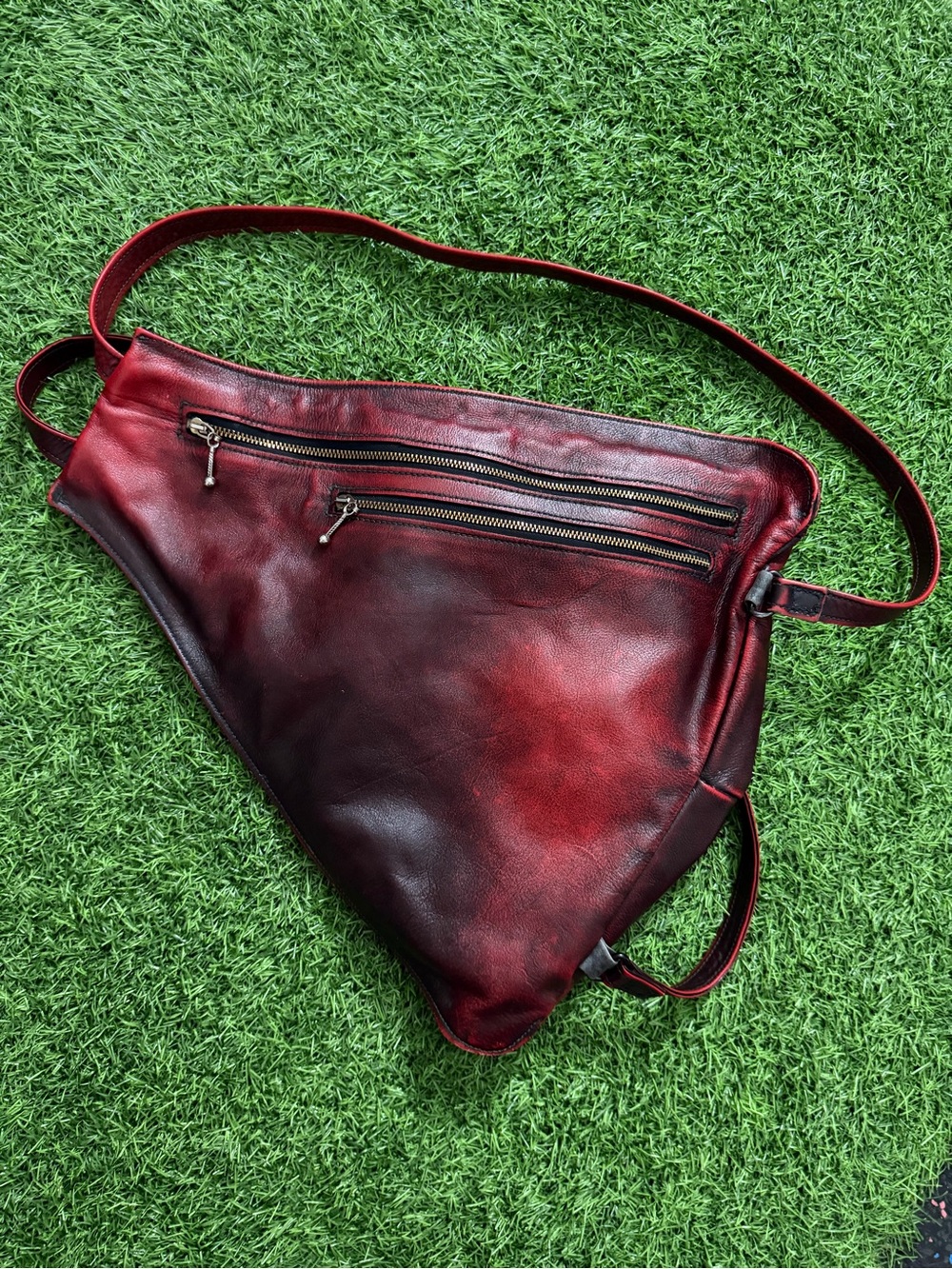 Hand Made Red Genuine Leather Triangle Crossbody Sling Bag